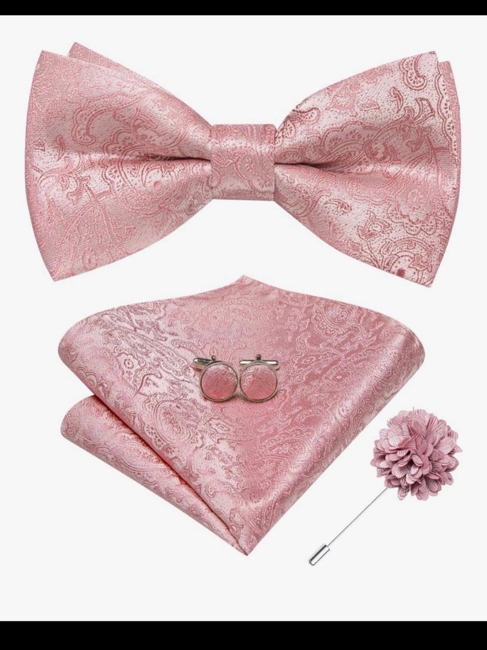 Hi-Tie Pink Paisley Bow Tie Pocket Square Cufflinks Lapel Pin Set